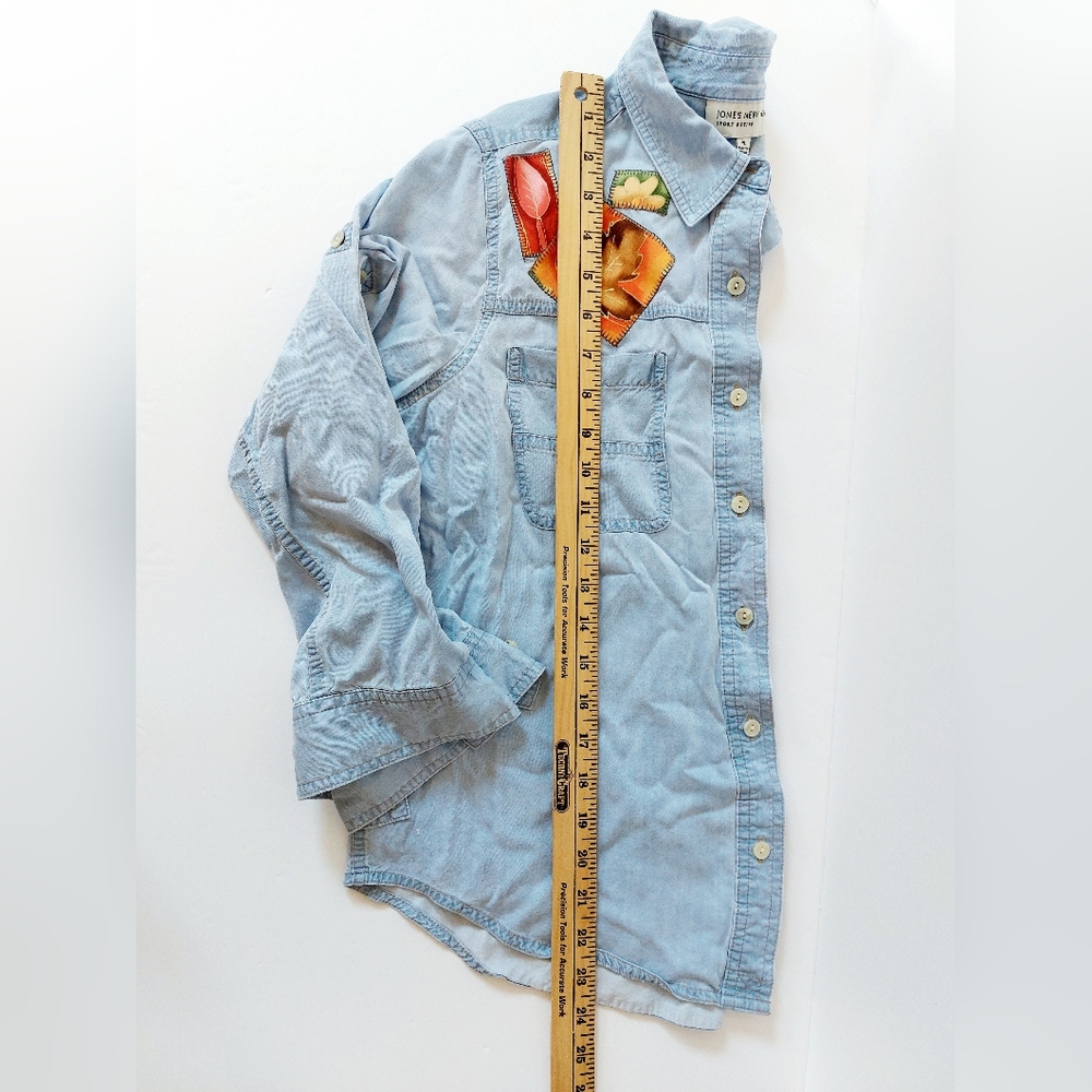 Autumn Leaf Patchwork Light Chambray Denim Shirt … - image 7